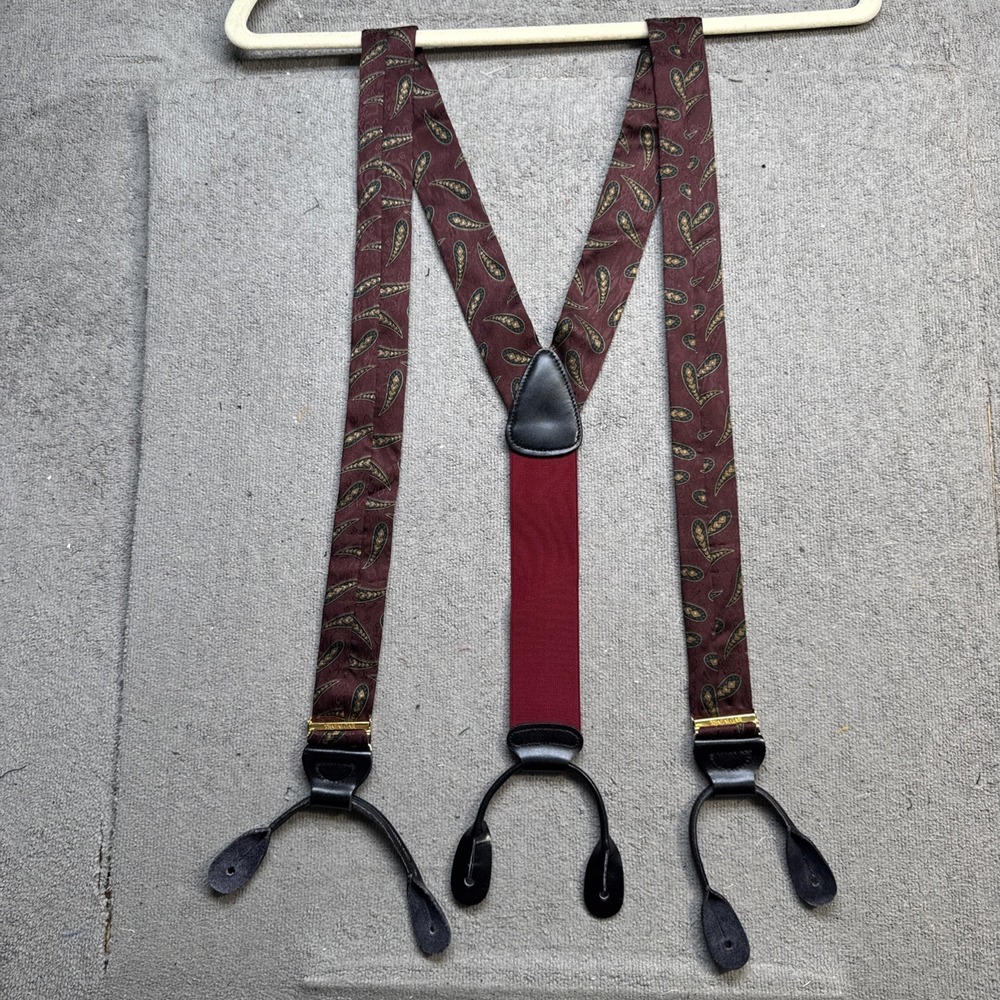 Trafalgar Silk Suspenders Red Paisley Leather Ends Gold Hardware‎ Mens Burgundy